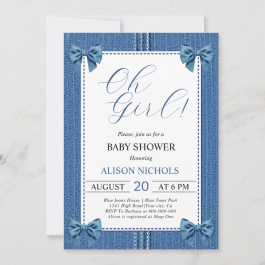 Blauwe jeans met naden en bogen baby meisje douche kaart (Voorkant)