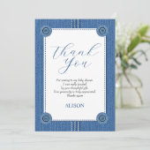 Blauwe jeans met naden en knopen baby boy shower bedankkaart (Staand voorkant)
