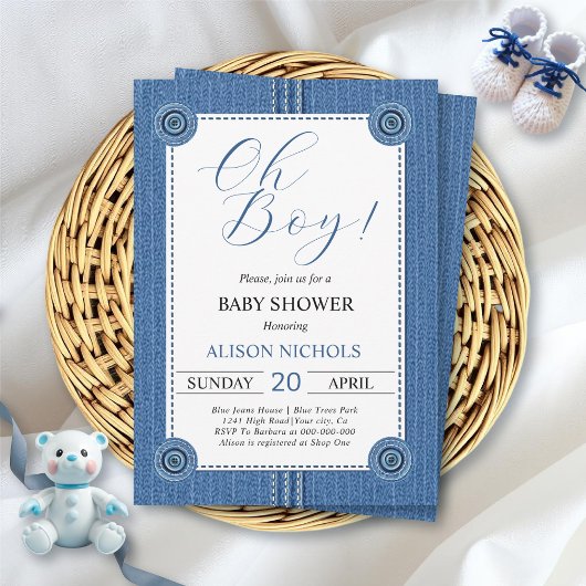Blauwe jeans met naden en knopen baby boy shower kaart