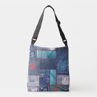 Blauwe Jeans patchwork met Floral Detail Crossbody Tas