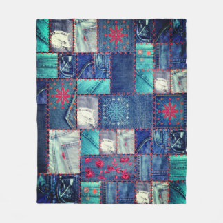 Blauwe Jeans patchwork met Floral Detail Fleece Deken