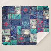 Blauwe Jeans patchwork met Floral Detail Sherpa Deken (Voorkant (horizontaal))