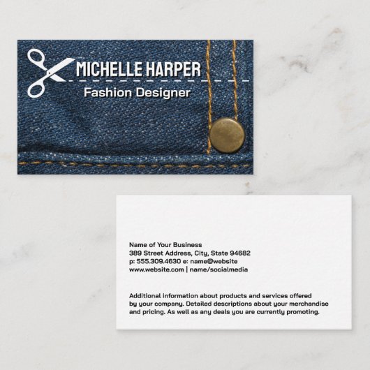 Blauwe jeans stikken | Modeontwerper Visitekaartje (Voorkant / Achterkant)