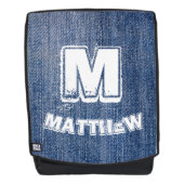 Blauwe jeans wit monogram en naam gepersonaliseerd rugtassen (Voorkant)