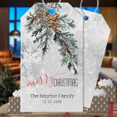 Blauwe Jeneverbes Bough Pine Cones Snowy Woodland Cadeaulabel