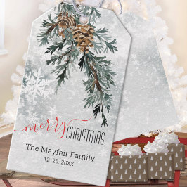 Blauwe Jeneverbes Bough Pine Cones Snowy Woodland Cadeaulabel