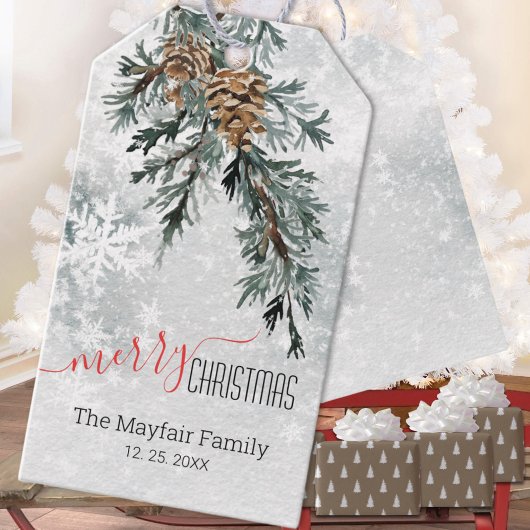 Blauwe Jeneverbes Bough Pine Cones Snowy Woodland Cadeaulabel