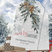 Blauwe Jeneverbes Bough Pine Cones Snowy Woodland Cadeaulabel