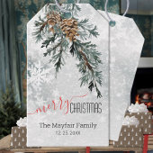 Blauwe Jeneverbes Bough Pine Cones Snowy Woodland Cadeaulabel