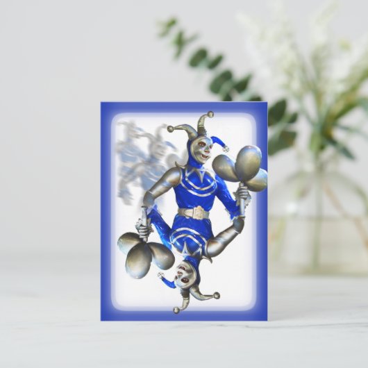 Blauwe jester briefkaart (Staand voorkant)