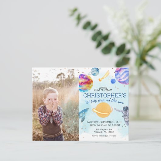 Blauwe jongen astronaut ruimte verjaardagsfeestje briefkaart (Staand voorkant)