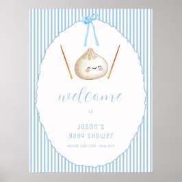Blauwe Jongen Boog Aziatische Dumpling Baby Shower Poster