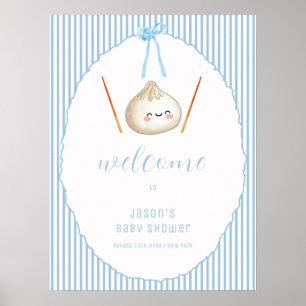 Blauwe Jongen Boog Aziatische Dumpling Baby Shower Poster