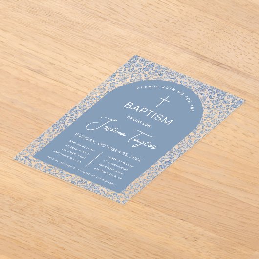 Blauwe Jongen Doop Boog Bloemen Patroon Doop Acryl Uitnodigingen (Laagn)