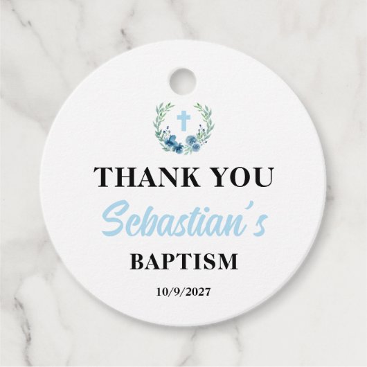 Blauwe Jongen Doop Rond Bedankjes Labels (Voorkant)