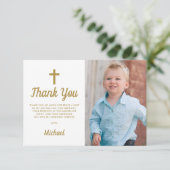 Blauwe Jongen Fotodoop Eerste Verjaardag Bedankkaart (Staand voorkant)