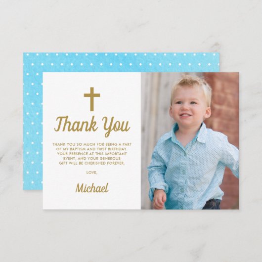 Blauwe Jongen Fotodoop Eerste Verjaardag Bedankkaart (Voorkant / Achterkant)