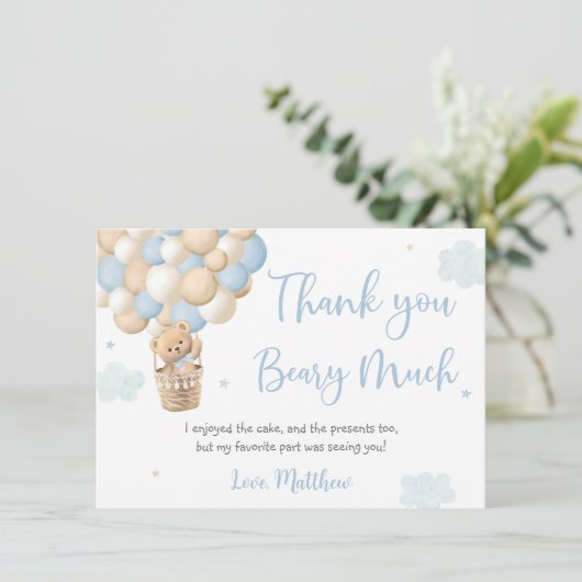 Blauwe Jongen Teddy Beer Hete Luchtballon Verjaard Bedankkaart (Staand voorkant)