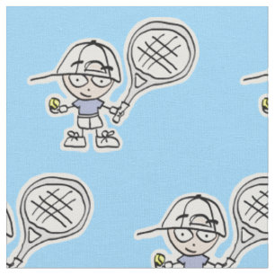 Blauwe jongen tennisspeler cartoon stof voor kinde