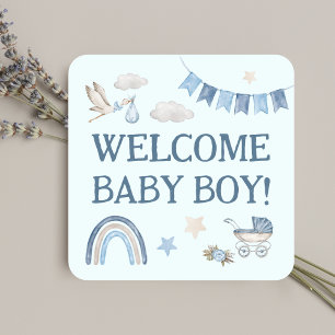 Blauwe Jongen Welkom Baby Schattige Ooievaar Water Vierkante Sticker