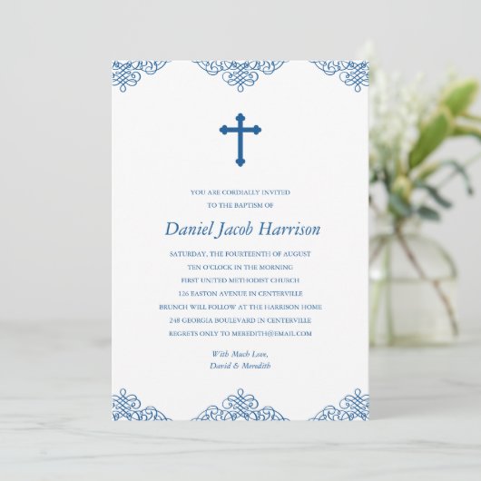 Blauwe jongens doop/doop kaart (Staand voorkant)