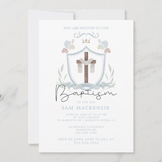 Blauwe jongens eerste doopuitnodiging kaart (Voorkant)