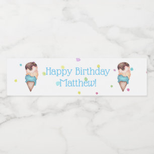 Blauwe jongens Ice Cream Birthday Party Waterfles Etiket