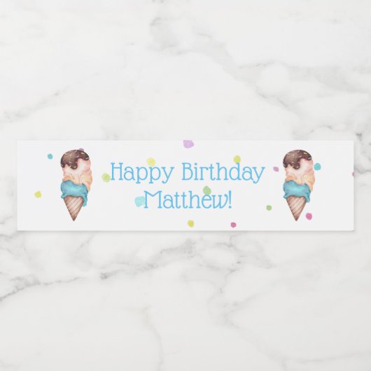 Blauwe jongens Ice Cream Birthday Party Waterfles Etiket (Enkel label)
