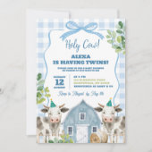 Blauwe Jongens Koe Tweeling Baby Shower Uitnodigin Kaart (Voorkant)