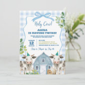Blauwe Jongens Koe Tweeling Baby Shower Uitnodigin Kaart (Staand voorkant)