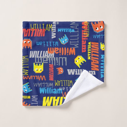 Blauwe jongens naam pixel buitenaards grafisch Wil Bad Handdoek (Wasdoekje)