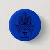 Blauwe Joodse Chai Hamsa met Ster van David Ronde Button 3,2 Cm (Voorkant)