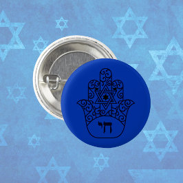 Blauwe Joodse Chai Hamsa met Ster van David Ronde Button 3,2 Cm