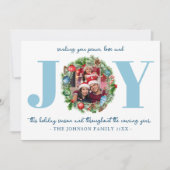 Blauwe JOY Krans Kerst Foto Kaart (Voorkant)