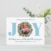 Blauwe JOY Krans Kerst Foto Kaart (Staand voorkant)