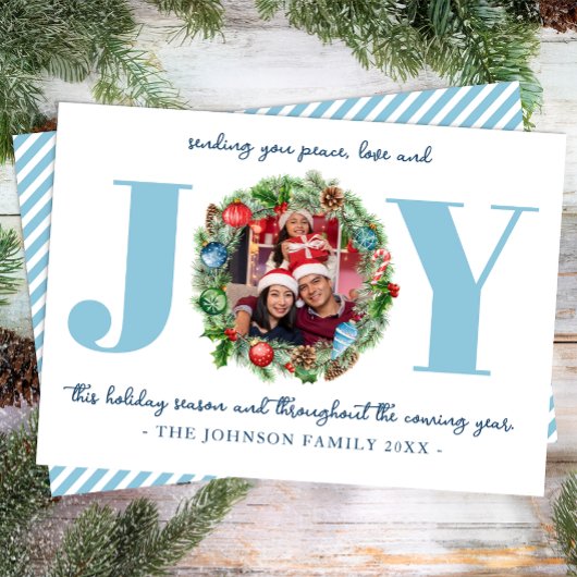 Blauwe JOY Krans Kerst Foto Kaart