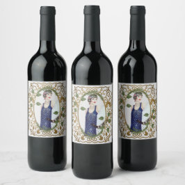 Blauwe Jurk  1920s Flapper Art Deco Vrouw Wijn Etiket