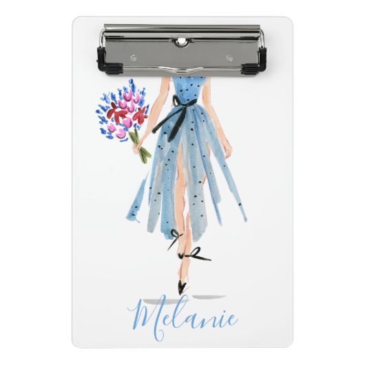 Blauwe jurk Bloemen Vrouw Chique Mode Stijlvol Mini Klembord (Voorkant)
