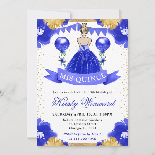 Blauwe jurk Blonde Haired Princess Quinceanera Kaart (Voorkant)