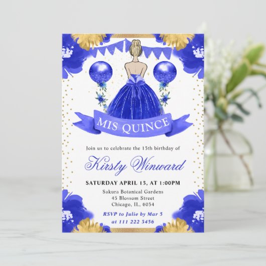Blauwe jurk Blonde Haired Princess Quinceanera Kaart (Staand voorkant)