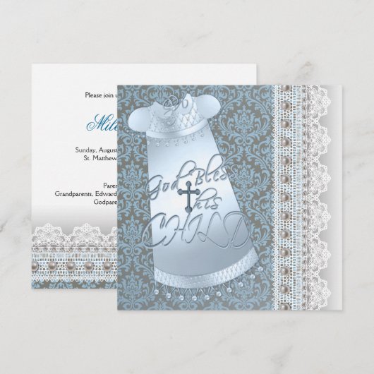 Blauwe jurk Bruin Blauw Damast Baby Boy Doop Kaart (Voorkant / Achterkant)