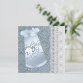 Blauwe jurk Bruin Blauw Damast Baby Boy Doop Kaart (Staand voorkant)