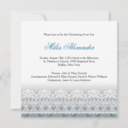 Blauwe jurk Bruin Blauw Damast Baby Boy Doop Kaart (Achterkant)