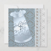 Blauwe jurk Bruin Blauw Damast Baby Boy Doop Kaart (Voorkant)