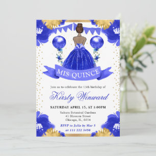 Blauwe jurk donkere huid prinses Quinceanera Kaart