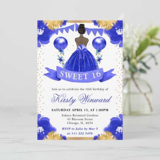 Blauwe jurk Donkere huid Prinses Sweet 16 Kaart (Staand voorkant)