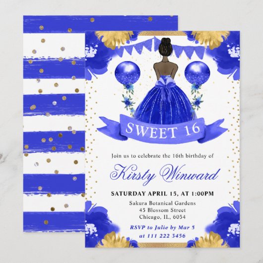 Blauwe jurk Donkere huid Prinses Sweet 16 Kaart (Voorkant / Achterkant)