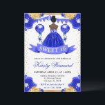 Blauwe jurk Donkere huid Prinses Sweet 16 Kaart<br><div class="desc">Elegante waterverf dark skin princess in koningsblauw dressontwerp met blauw en goudbloemen,  ballonnen en gouden glitter confetti.</div>