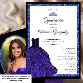 Blauwe jurk en tiara aangepaste foto Quinceanera Kaart