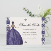 Blauwe Jurk Muur Tegels Quinceañera Save The Date Kaart (Staand voorkant)